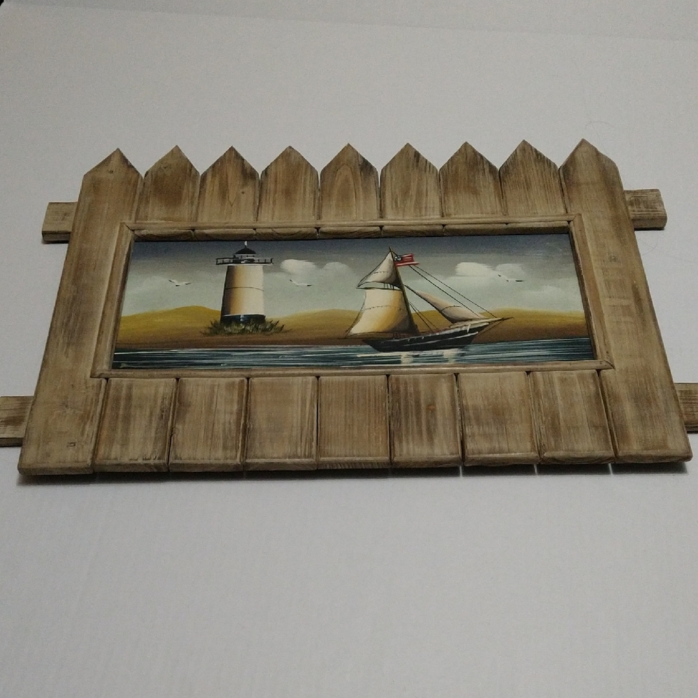 Rustic Wooden Wall Art with Lighthouse and Sailboat